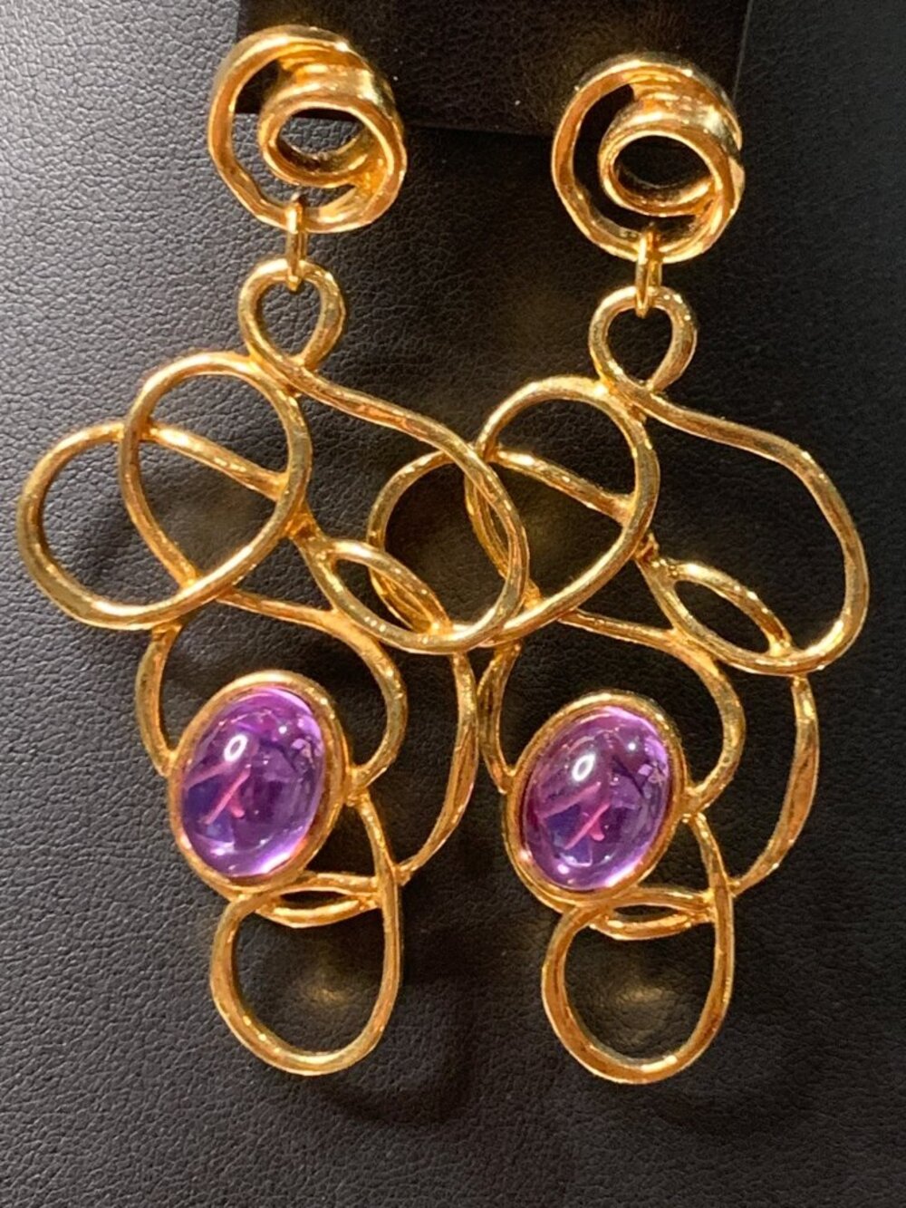 1992 Avon Golden Web Dangle Earrings With Purple Glass Cabochons Abstract Design
